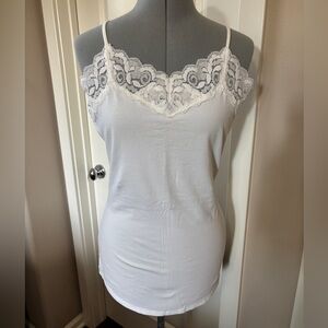 Lace Trim / Cotton & Spandex Garnet Hill Tank Top, Adjustable, White, Size M